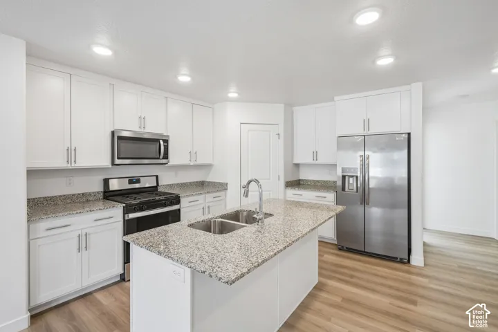 Modern kitchen featuring white cabinetry, stainless steel appliances, speckled stone countertops, a large island with an undermount double-basin sink, and wood-finish flooring