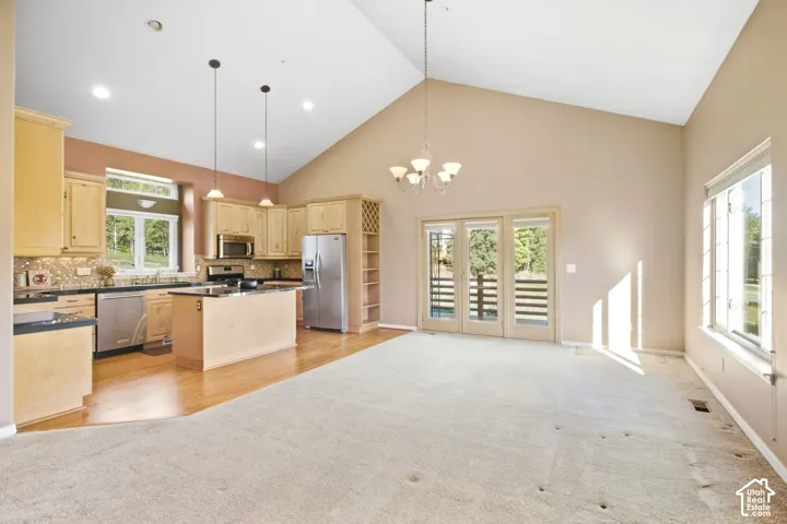 Vaulted ceiling, recessed lighting, double French doors, stainless steel appliances, and a kitchen island with built-in storage