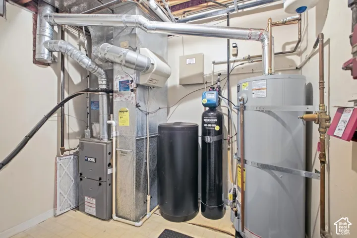 Utility area featuring a water heater, water softener, and furnace