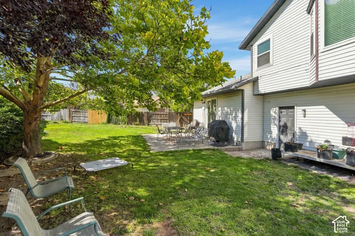 Expansive backyard featuring a manicured lawn, mature trees, and a concrete patio