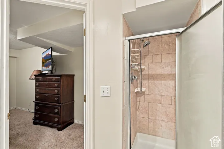 Shower enclosure with a sliding frosted glass door, tiled walls, and a built-in shower caddy