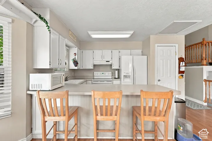 White cabinetry with brushed nickel hardware, light-toned countertops, and integrated kitchen appliances