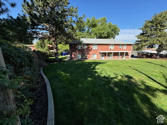 Expansive green lawn with mature trees and a curved concrete border