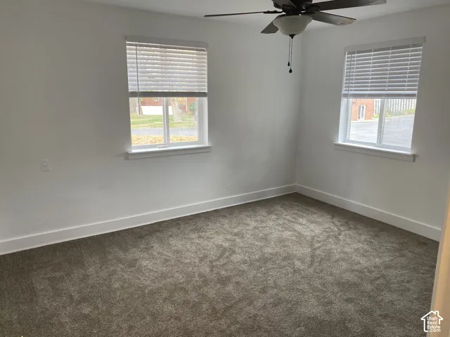 Neutral wall paint, dual windows with blinds, ceiling fan with integrated lighting, and carpet flooring