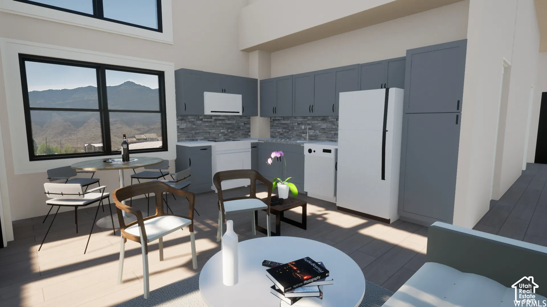 Kitchen featuring gray cabinetry, integrated appliances, and a tiled backsplash