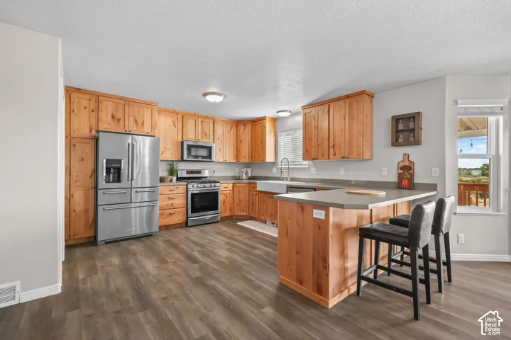 Kitchen featuring wood-finish cabinetry, stainless steel appliances, a farmhouse sink, and an extended countertop island