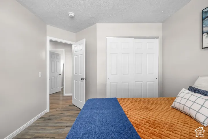 Wood-finish flooring, white paneled doors, sliding closet doors, and light neutral wall paint