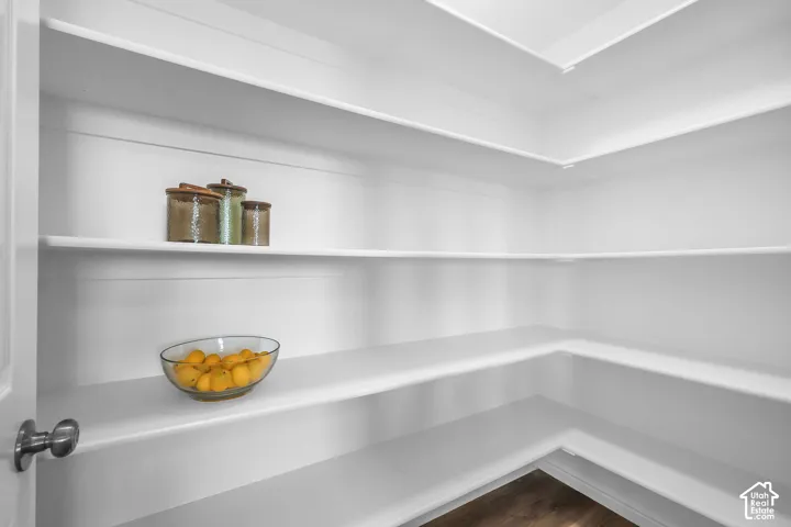 White built-in shelving, expansive pantry, and wood-finish flooring