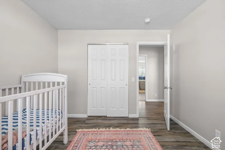 Neutral wall paint, wood-finish flooring, white bi-fold closet doors, and white trim