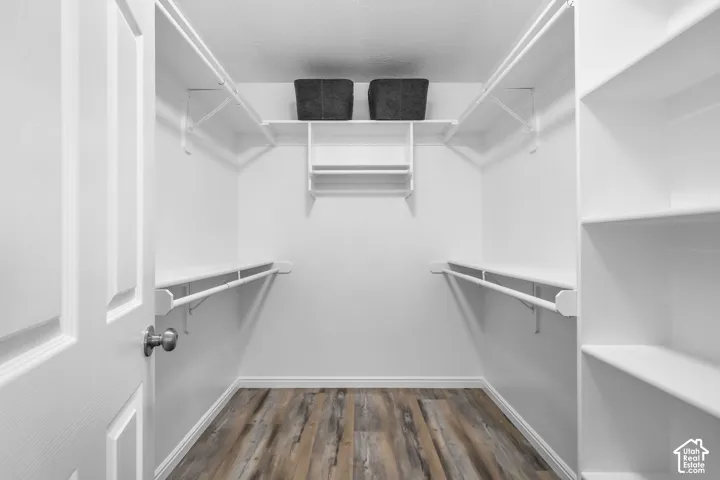 Walk-in closet featuring wood-finish flooring, built-in shelving, and hanging rods