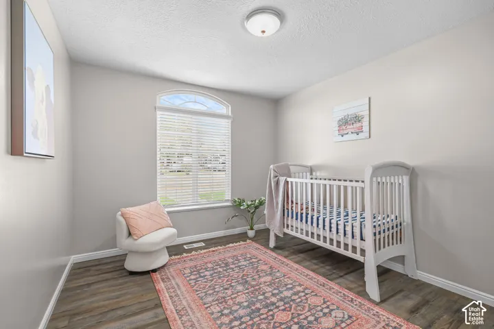 Arch-top window with blinds, wood-finish flooring, and a flush-mount ceiling light