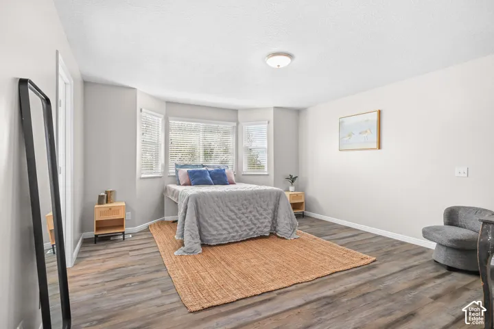 Recessed bay window, wood-finish flooring, ceiling-mounted light fixture, light gray wall paint, and white trim
