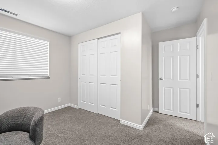 Carpeted flooring, white paneled bifold closet doors, white window blinds, and white trim