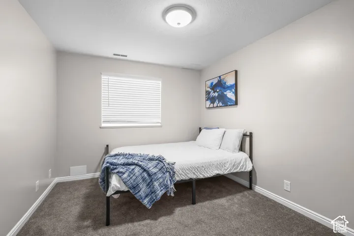 Carpeted room featuring a single window with blinds, a flush-mount ceiling light, and light-colored walls