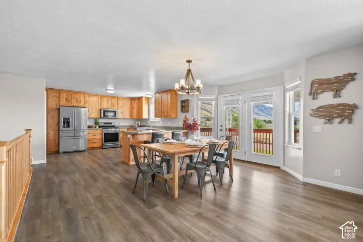 Open-concept kitchen and dining area featuring wood-finish flooring