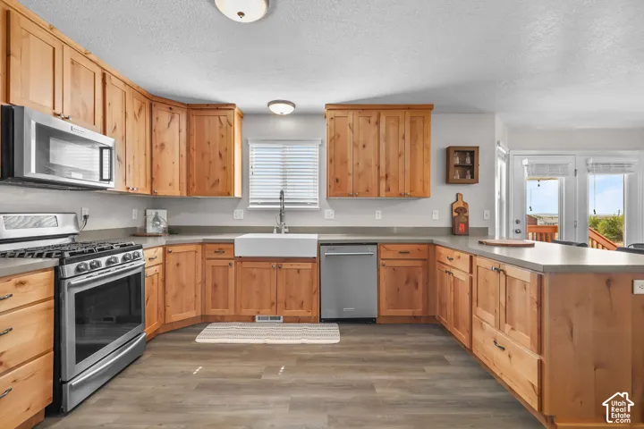 U-shaped kitchen with wood cabinetry, stainless steel appliances, a farmhouse sink, and wood-finish flooring