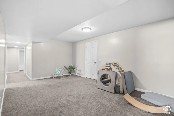 Plush gray carpeting throughout, light neutral wall paint, white trim, and a white interior door
