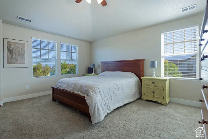 Carpeted bedroom featuring two windows with horizontal blinds, a ceiling fan, and light-toned walls
