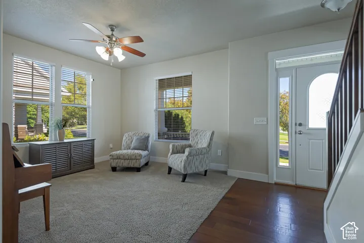 Entryway with wood-finish flooring, a white paneled door with an arched window, and a sidelight window
