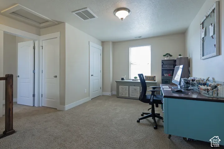 Carpeted room with a window, ceiling light fixture, and multiple panel doors
