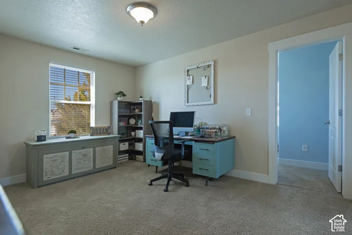 Neutral wall paint, plush carpet flooring, recessed window, and overhead flush mount lighting