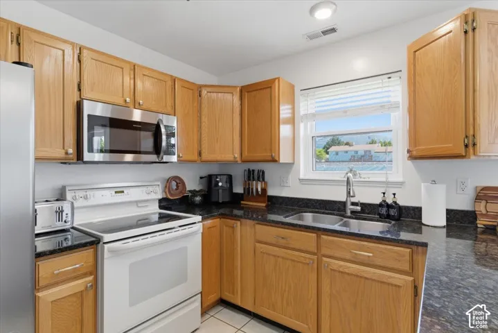Kitchen featuring wood-finish cabinetry, dark speckled countertops, and a double basin stainless steel sink