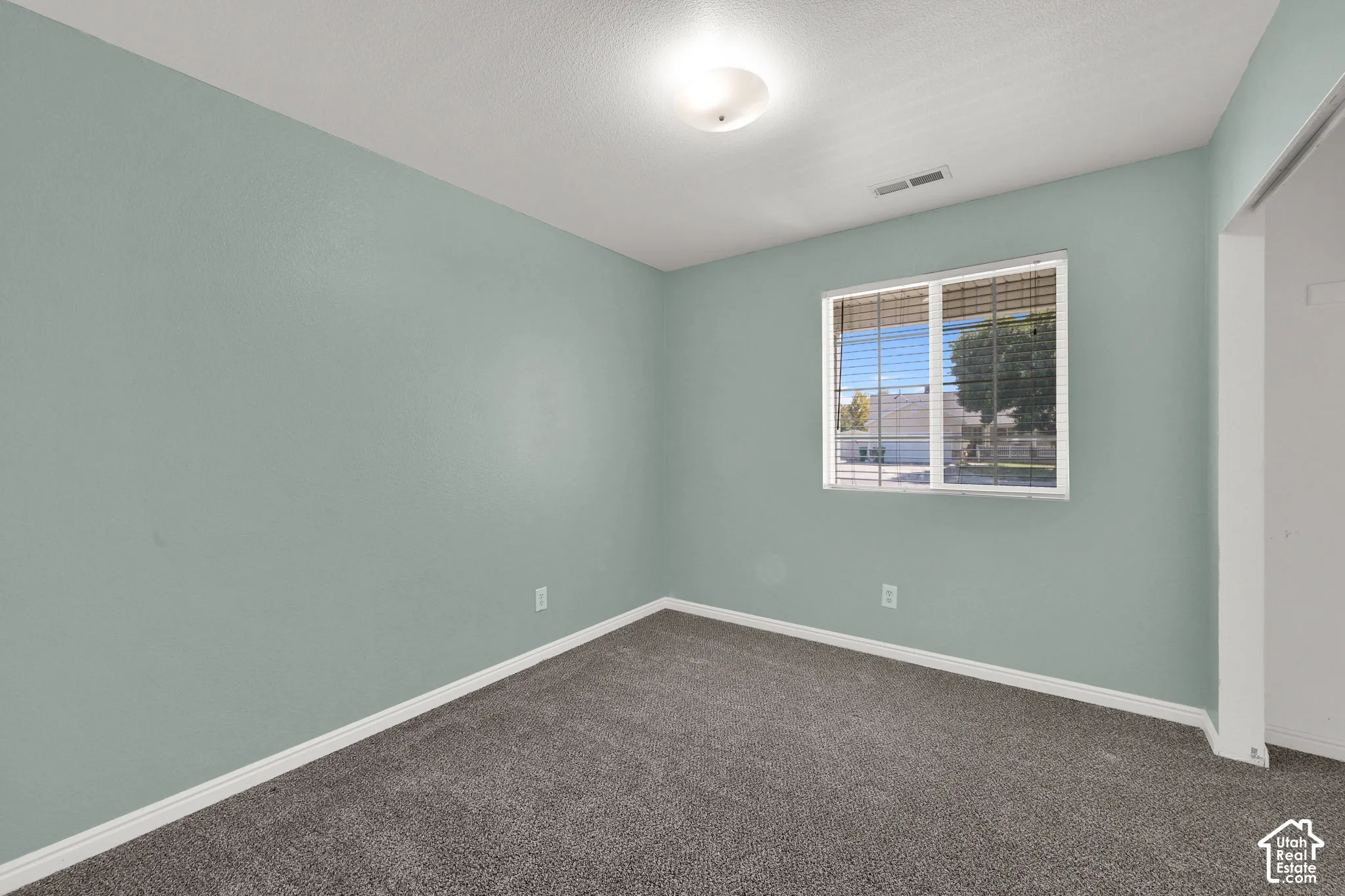 Bedroom, light wall paint, ceiling-mounted light fixture, and dark gray carpeting