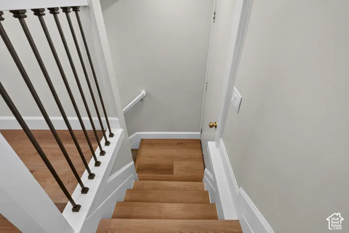 Hardwood stairs with white risers, black metal balusters, and a white handrail