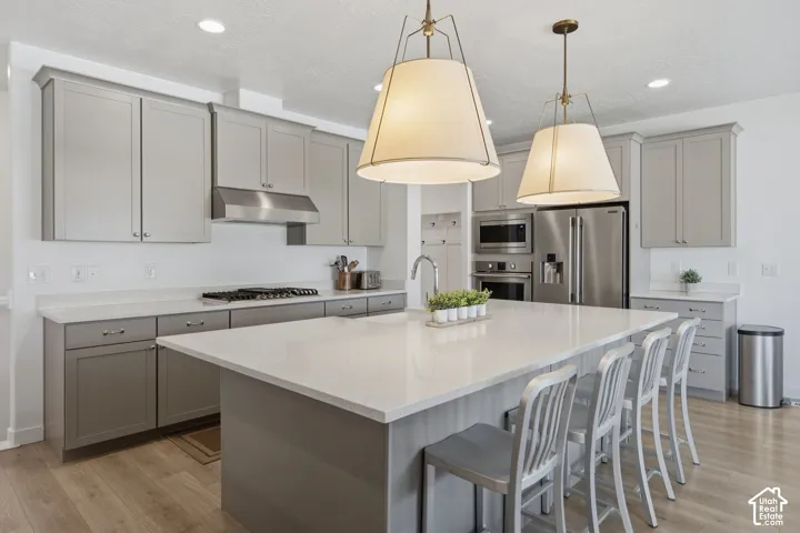 Spacious kitchen featuring an expansive central island, light-toned cabinetry, stainless steel appliances, wood-finish flooring, and two pendant light fixtures