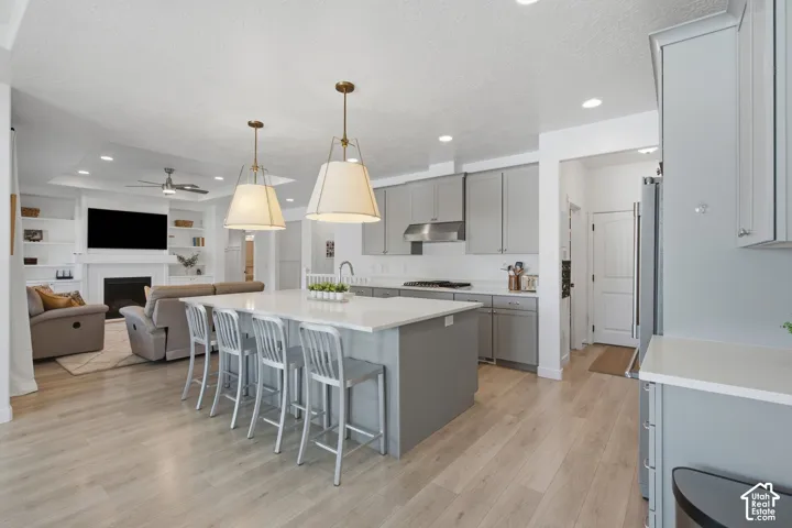 Light wood-finish flooring throughout, kitchen island with seating, recessed lighting, built-in shelving, and a fireplace with a hearth