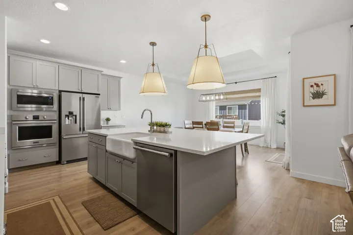 Kitchen featuring light gray cabinetry, stainless steel appliances, a center island with a farmhouse sink, and wood-finish flooring