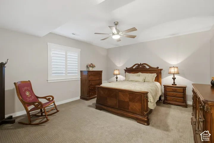 Carpeted room featuring a ceiling fan, crown molding, and window with plantation shutters