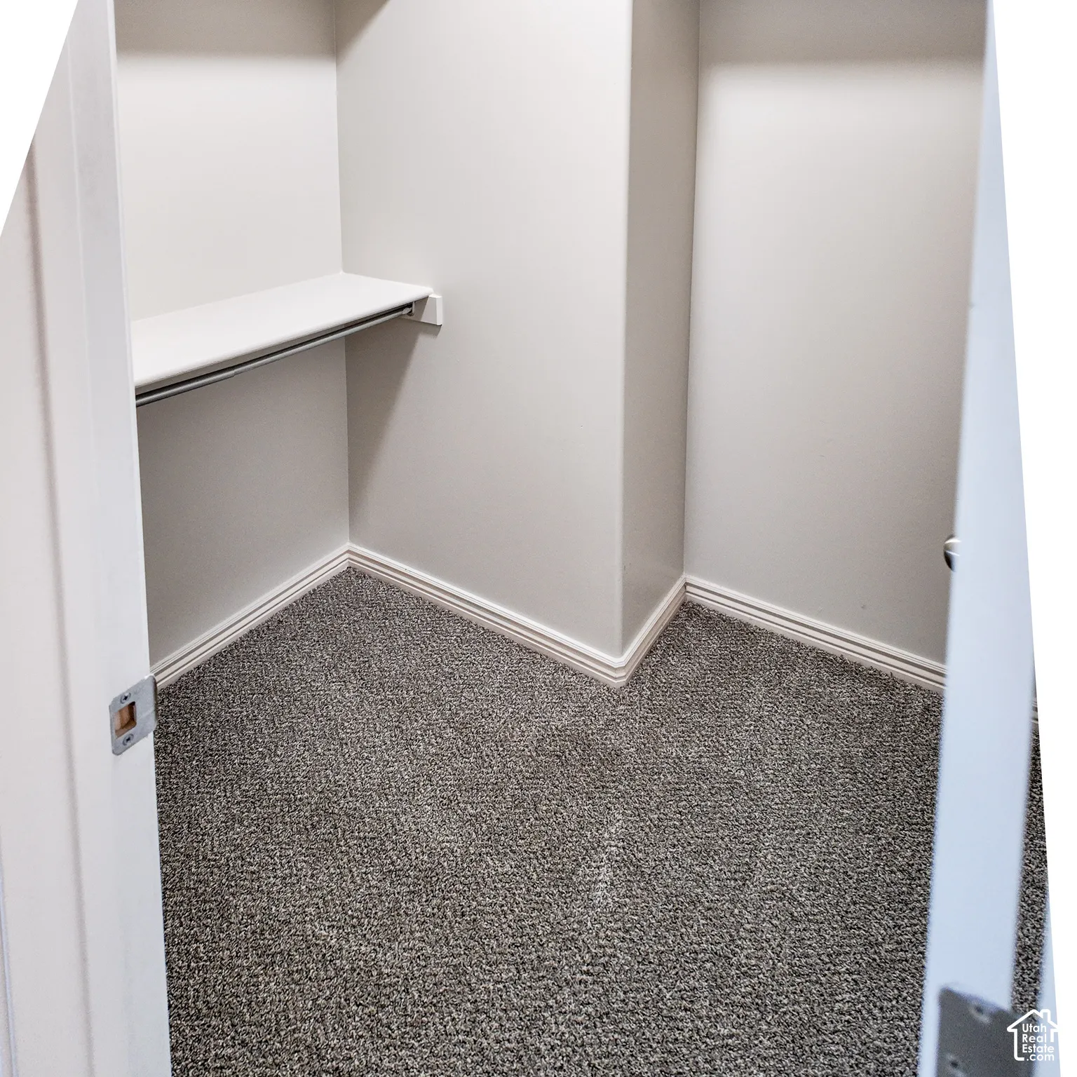Built-in closet shelving, metal hanging rod, wall-to-wall carpeting, and painted trim molding