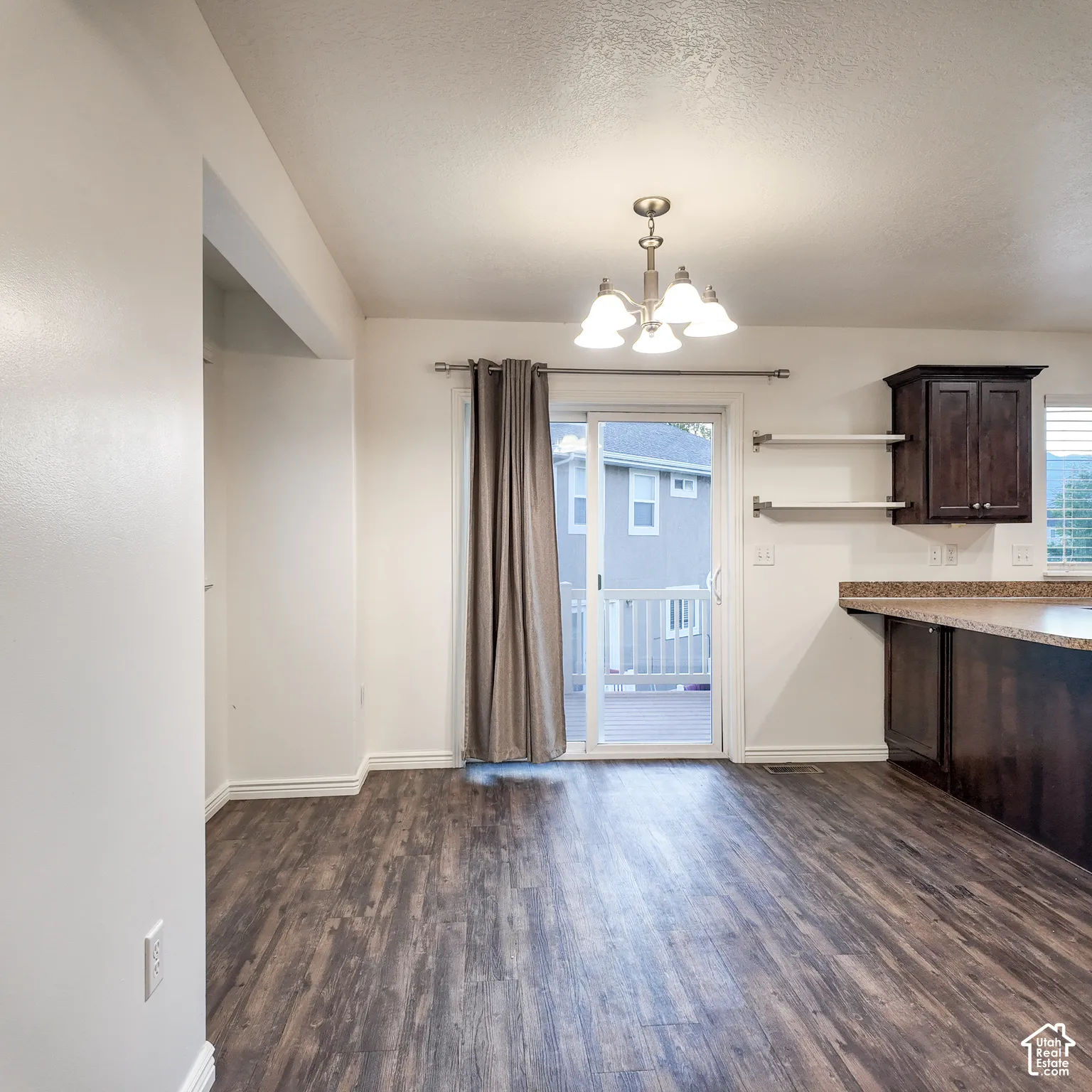 Wood-finish flooring, sliding glass door, overhead lighting fixture, dark wood cabinetry, and countertop space
