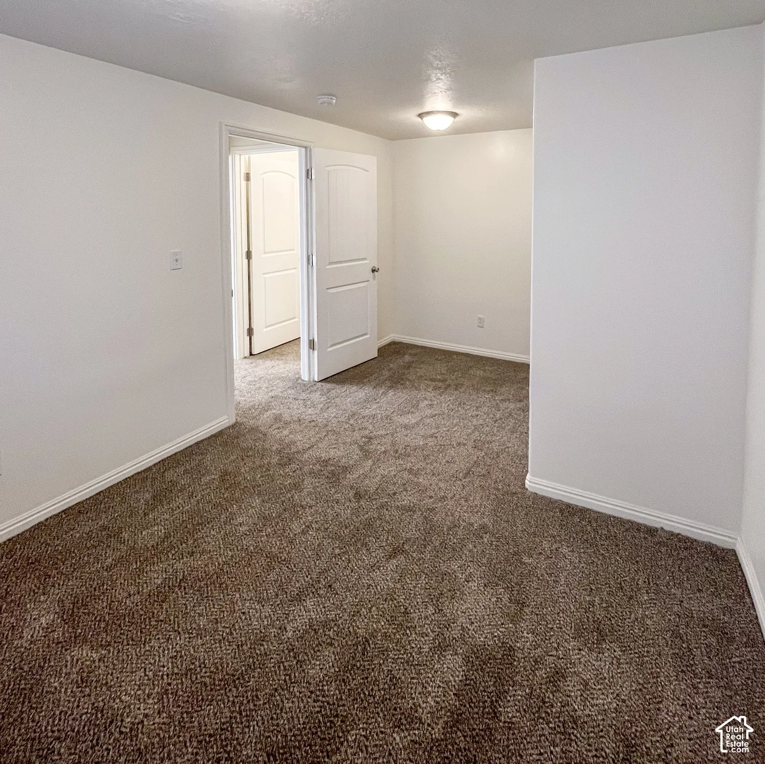 Neutral tone carpeting, white painted walls, white trim, and a flush-mount ceiling light fixture