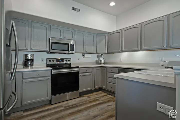 Kitchen featuring gray cabinetry, stainless steel appliances, light-toned countertops, and wood-finish flooring
