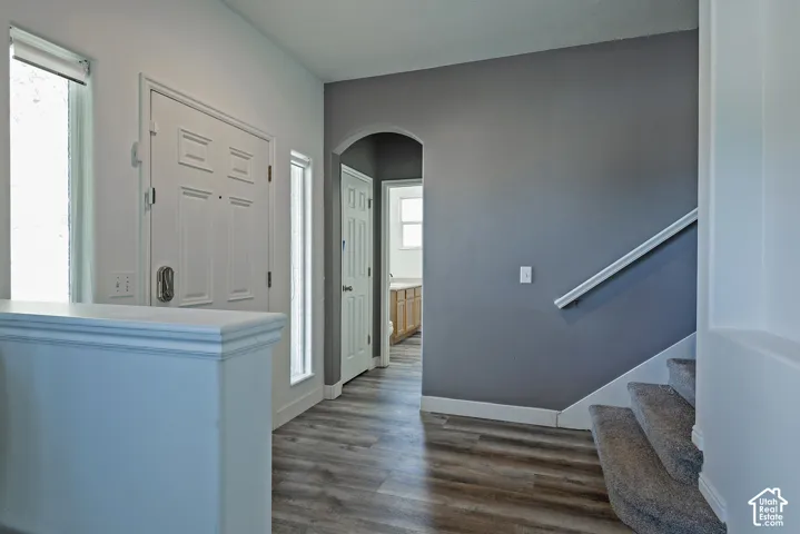 Entryway featuring wood-finish flooring, a paneled front door with sidelight, and a gray accent wall