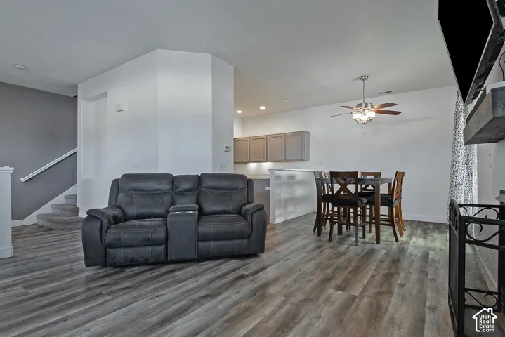 Wood-finish flooring throughout, providing a cohesive aesthetic