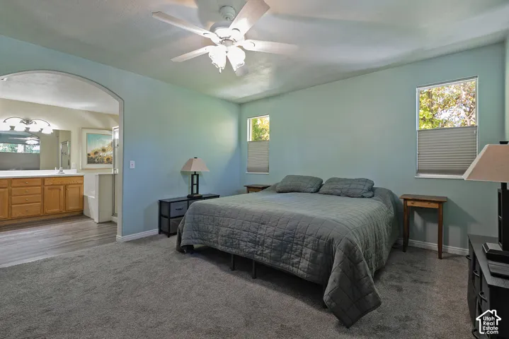 Carpeted bedroom with a ceiling fan light fixture and two windows