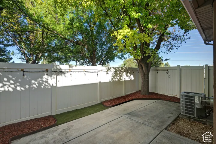 Private patio area featuring concrete paving, a mature tree, and perimeter fencing