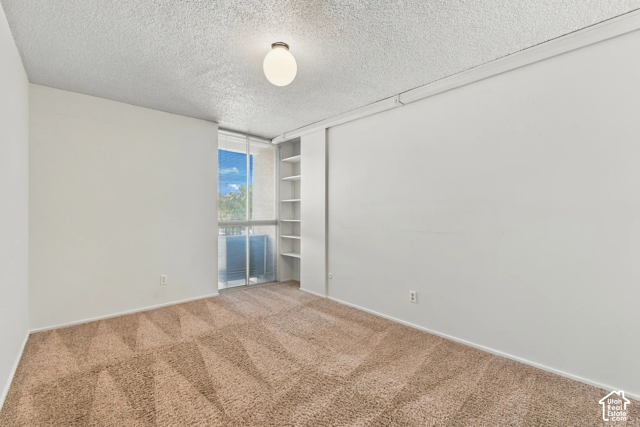 Sliding glass door, built-in shelving, textured ceiling, flush mount ceiling light, and patterned carpet flooring