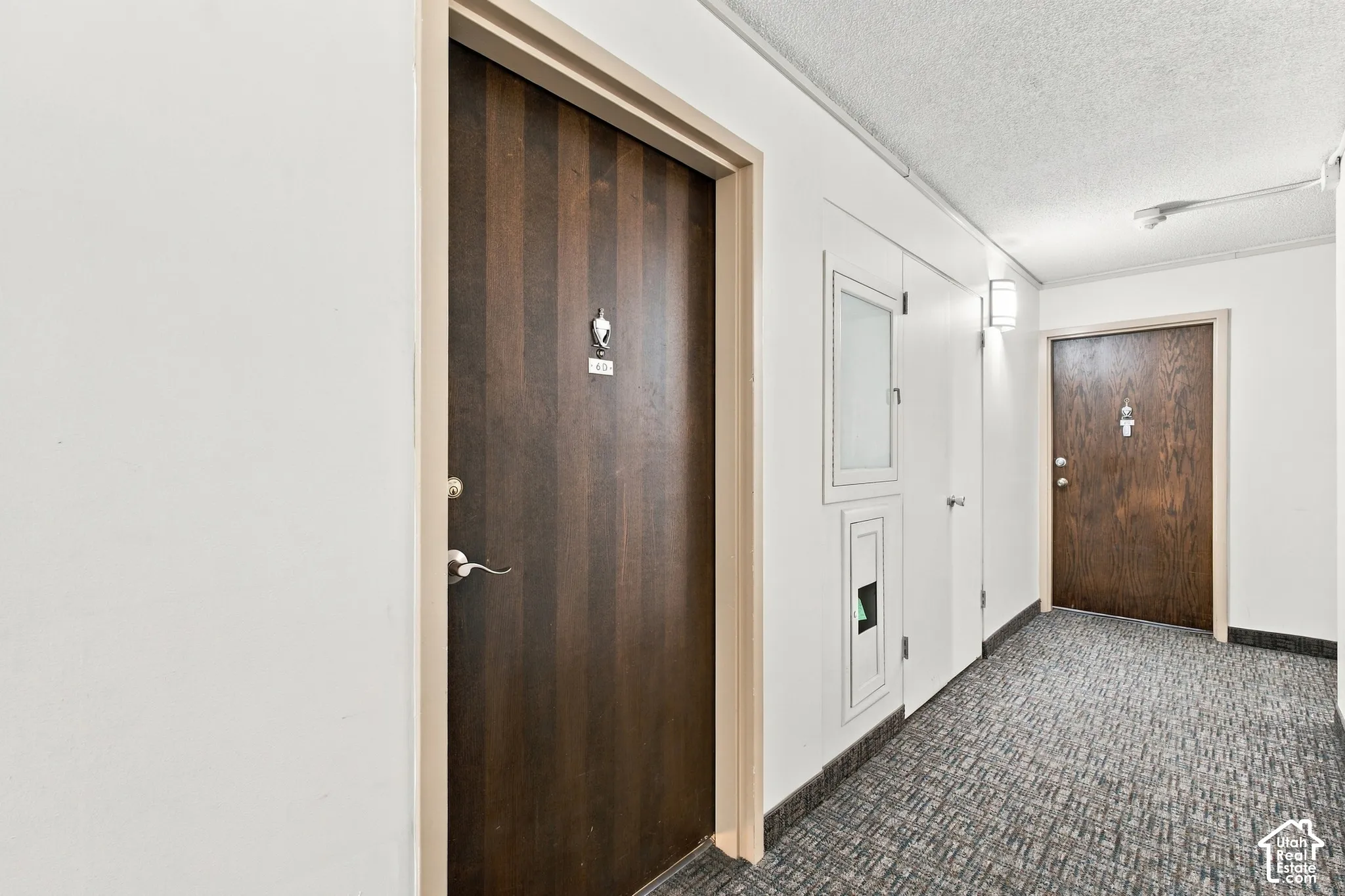Corridor featuring textured carpeting, white walls, and dark wood-finish doors
