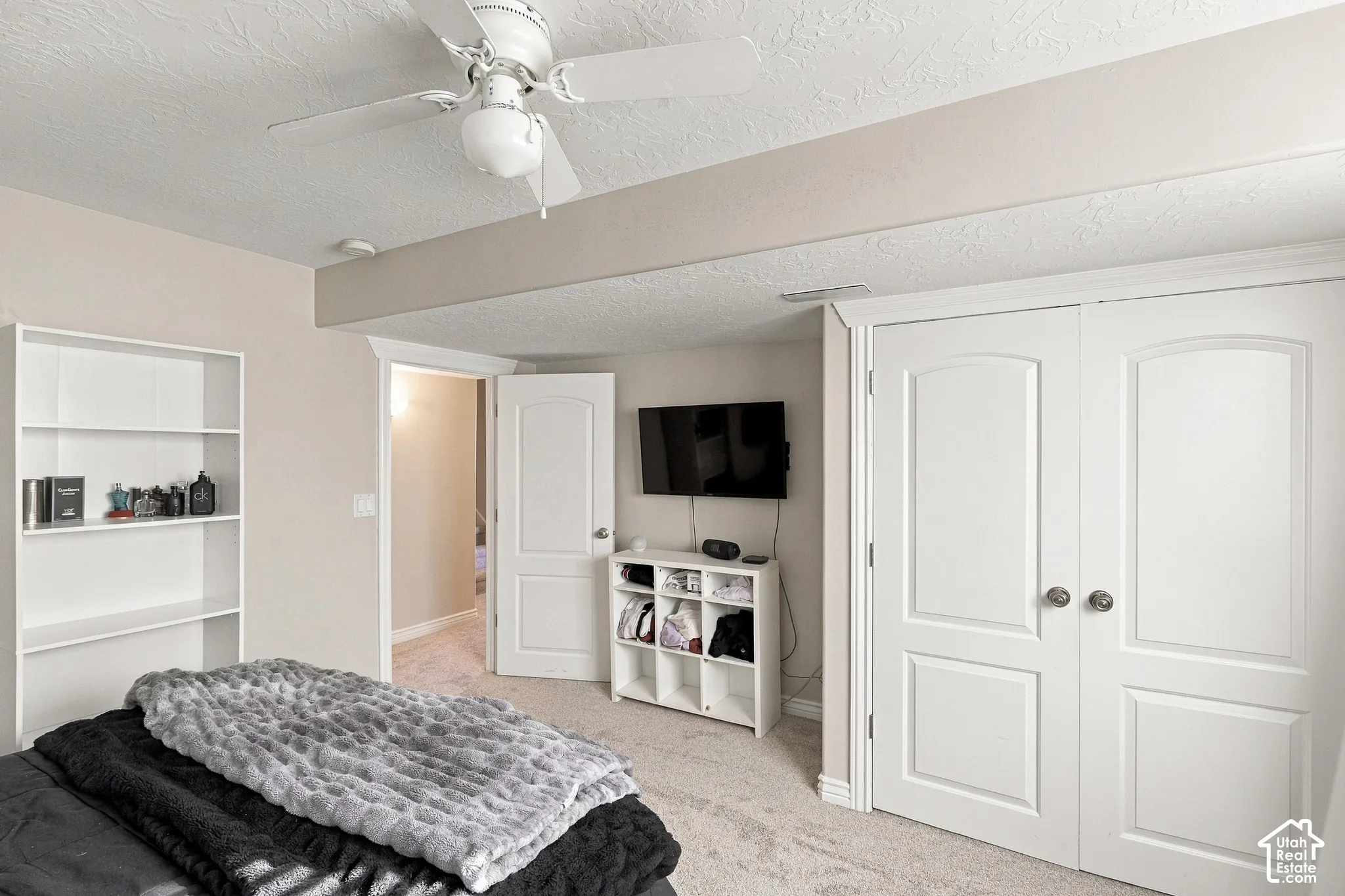 White ceiling fan with integrated lighting, built-in shelving, white paneled doors, and neutral carpet