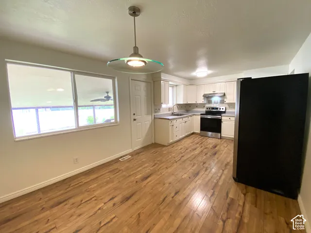 Wood-finish flooring, white cabinetry, stainless steel appliances, and a modern ceiling light fixture