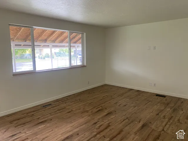 Wood-finish flooring with white baseboards, large multi-pane window, and light-toned walls