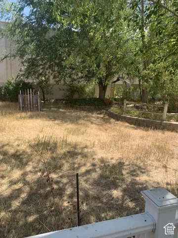 Expansive yard featuring mature trees and a wooden rail fence