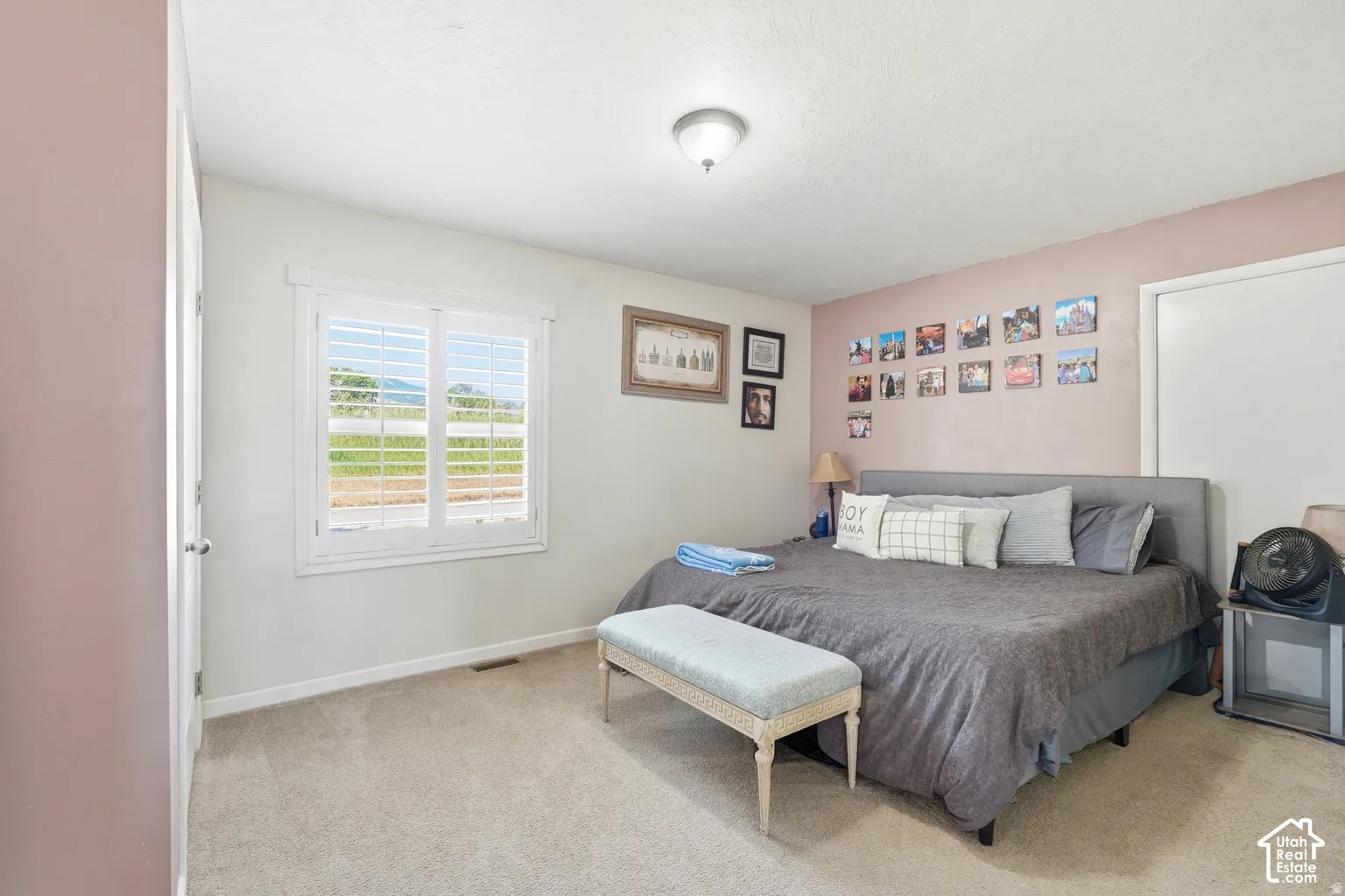 Carpeted room featuring a white interior door, a window with plantation shutters, and a flush mount ceiling light