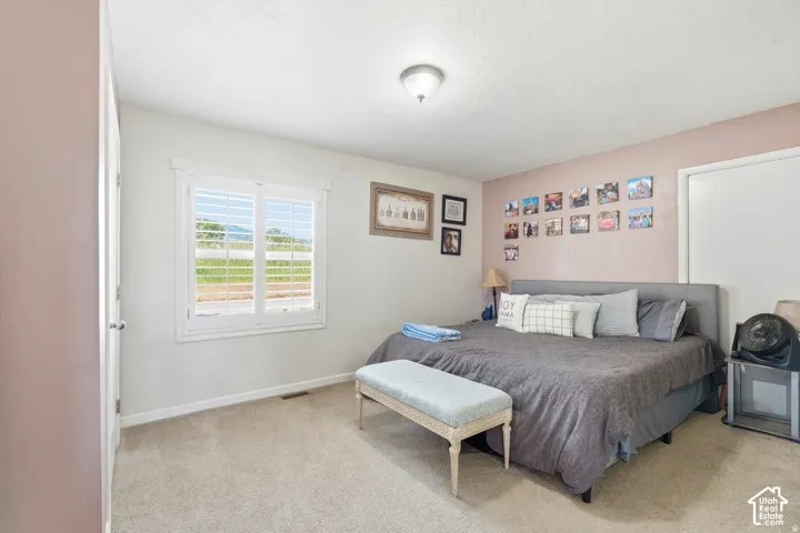 Carpeted room featuring a white interior door, a window with plantation shutters, and a flush mount ceiling light