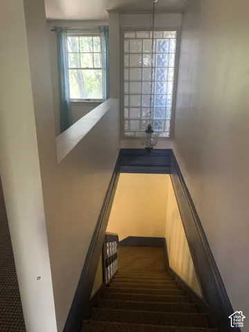 Stairwell featuring a glass block window, a double-hung window, a suspended light fixture, and carpeted stairs with painted risers