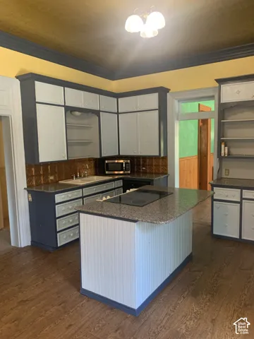 Kitchen featuring wood-finish flooring, an island with an integrated cooktop, a built-in microwave, and extensive cabinetry with countertop space